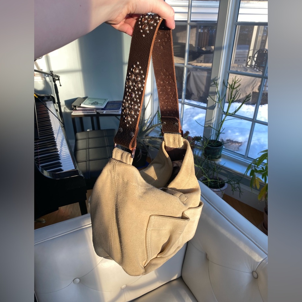 🛑SOLD🚫Rare Vintage Y2K Tylie Malibu Suede Crystal Strap Hobo Shoulder Bag Tan - Picture 3 of 14